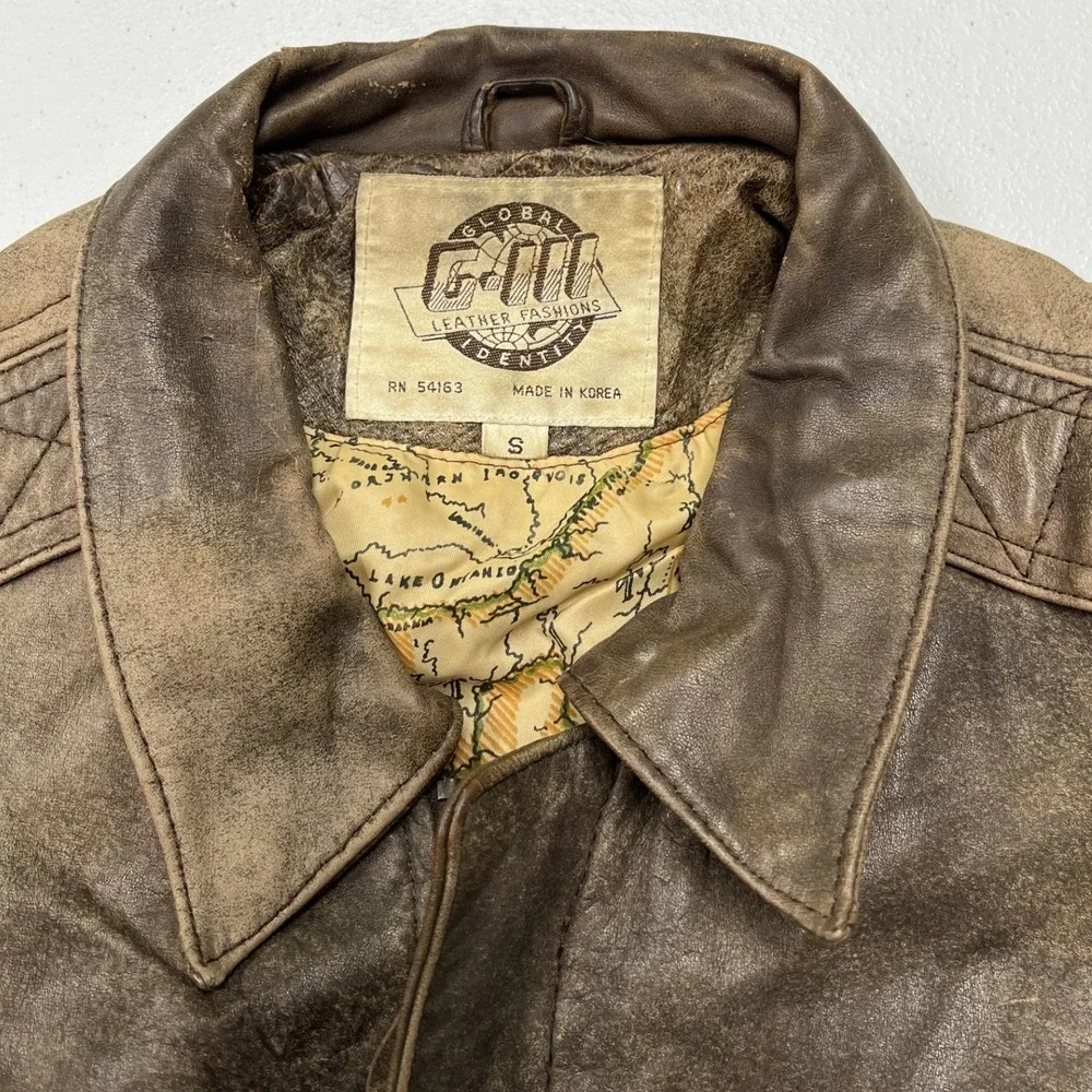 G-III Leather Flight Jacket Mens S Brown Distressed Map Lining Bomber E2